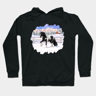 Black Pinto Piebald Gypsy Vanner Draft Horse Trotting in Snow Hoodie